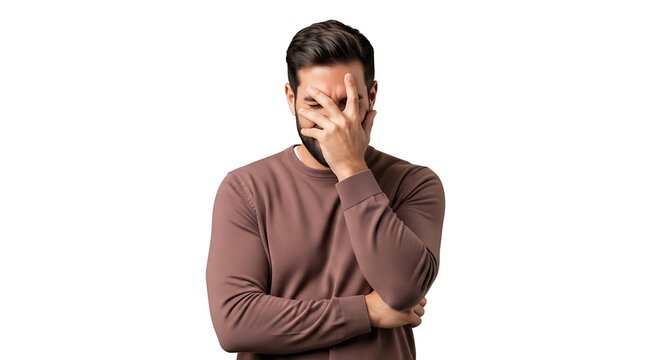 Stressed man covering face with hand while feeling embarrassed wearing a stylish brown sweatshirt for a professional studio portrait on white