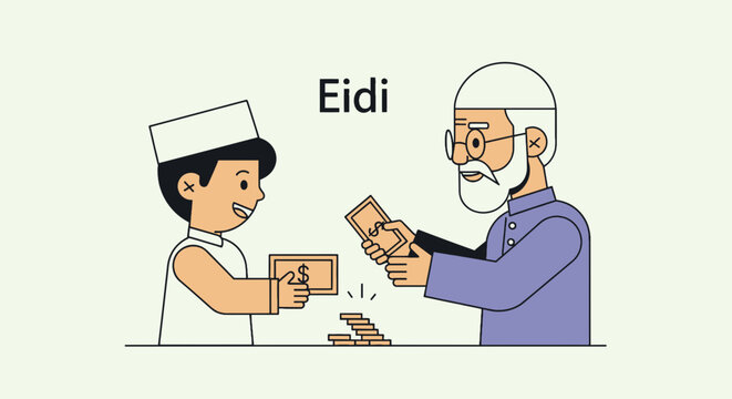 Muslim boy receiving Eidi banknotes from senior man illustration in flat design style celebrating Eid al-Fitr giving money as a holiday tradition