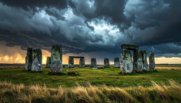 Dramatic Storm Clouds Over Ancient Stonehenge Monument in Wiltshire England.
