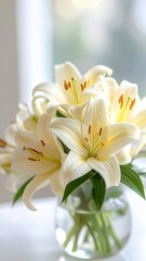Fototapeta premium Elegant white lilies in a clear glass vase bathed in soft natural light.