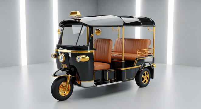 Modern 3D render of a luxury black and gold auto rickshaw (tuk-tuk) with premium leather interior. High-converting vehicle mockup for urban transport, city taxi apps, and Asian travel.