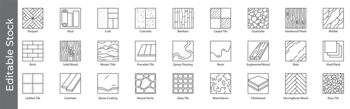Flooring and tile material icon set &ndash; editable outline symbols of parquet, vinyl, wood, marble, stone, laminate and surface textures