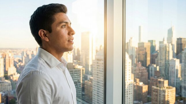 Young professional contemplating summer internships while gazing out of a modern office window at a vibrant city skyline during golden hour