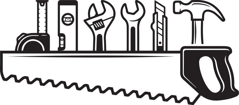 Black and white illustration of carpentry tools including tape measure level wrenches chisel hammer and saw symbolizing craftsmanship and labor