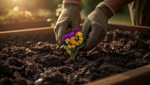 Outdoor gardening concept with hands planting blooming flower in soil bed promoting eco awareness sustainability and healthy lifestyle