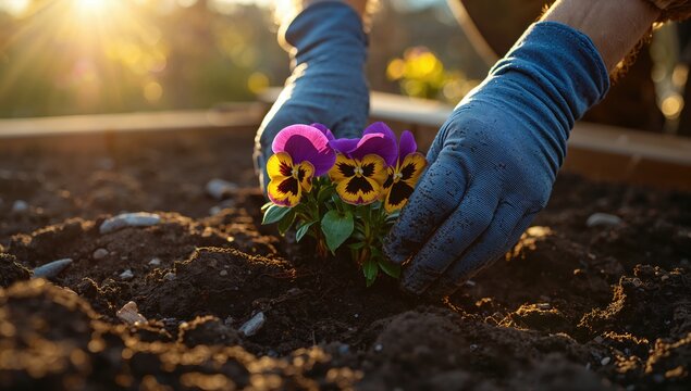 Person planting decorative flowering plant in garden bed showcasing horticulture nature appreciation and sustainable living concept
