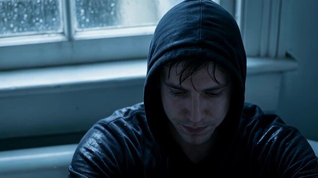 Young Man Sitting Alone in Bathtub Wearing Hoodie Feeling Sad.