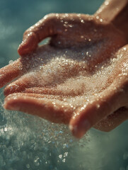 Fototapeta premium Human Hands with Sparkling Water Droplets in Nature