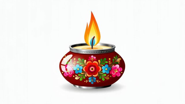 Traditional decorative candle with colorful floral patterns and bright flame for festive celebrations
