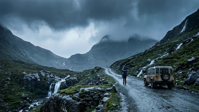 Man walks on wet mountain road near jeep with waterfall and cloudy sky.