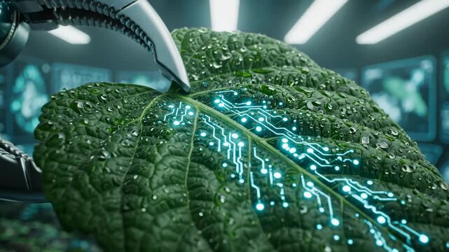 Robotic arm examining a wet green leaf with glowing digital circuit patterns, futuristic laboratory setting with monitors, biotechnology and science concept