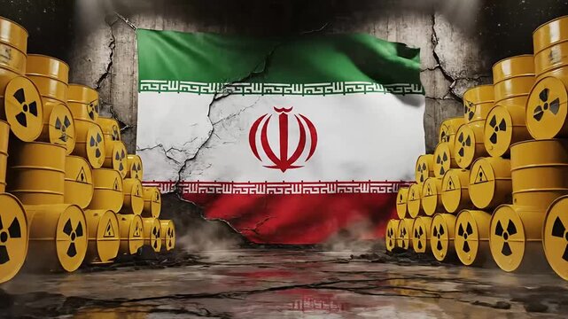The Iranian flag, flanked by stacks of yellow barrels emblazoned with radioactive symbols, symbolizes the complex and controversial nature of Iran's nuclear energy program and its international impact