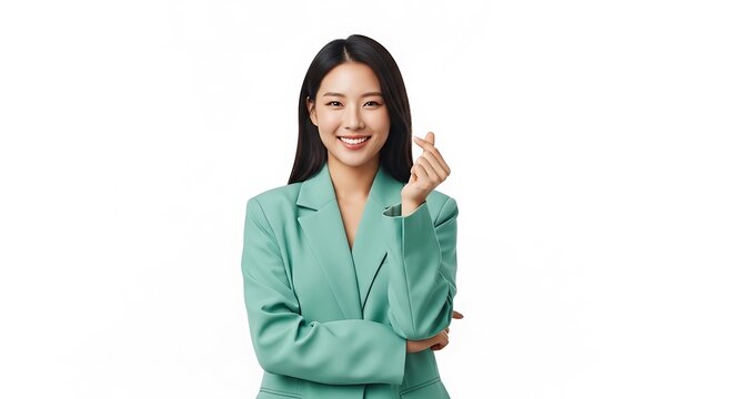 Asian woman smiling while making finger heart gesture wearing a professional mint green blazer for a studio portrait on an isolated white background