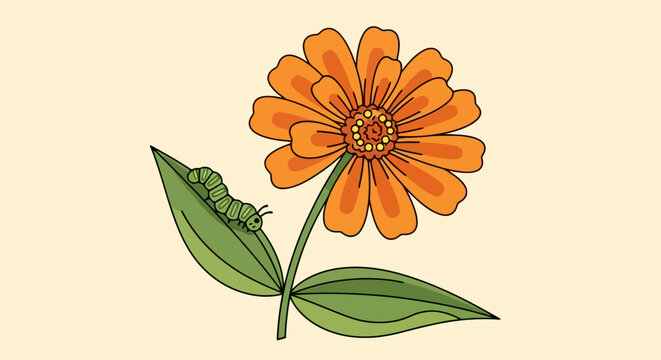 Cartoon zinnia flower with a cute green caterpillar on leaves detailed orange petals vector illustration against soft cream backdrop