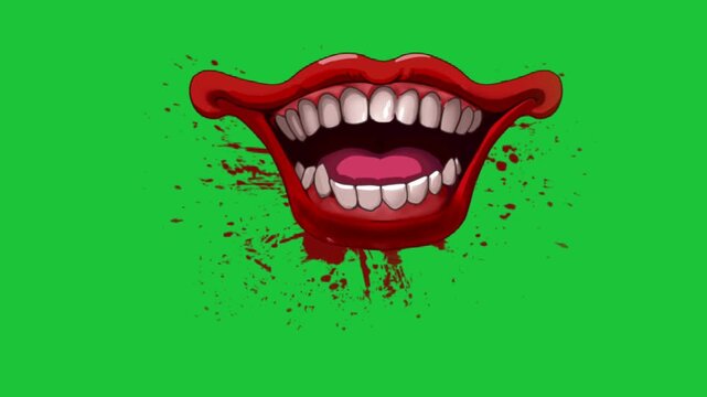 Cartoon red lips mouth with teeth and tongue splatter effect on green screen background for fun horror design
