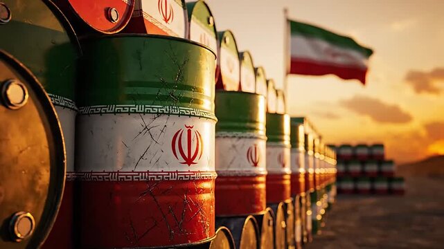 A long row of old oil drums, prominently displaying the Iranian flag, symbolizes the country's important role in the oil market, oil price fluctuations, and energy extraction and trading.