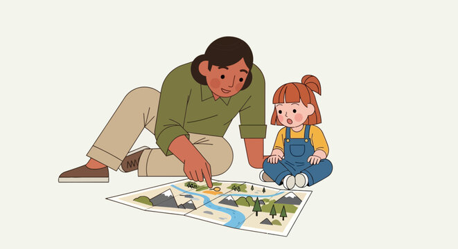 Mother and daughter exploring a map together in a cozy indoor setting colorful cartoon illustration with playful details and warm tones