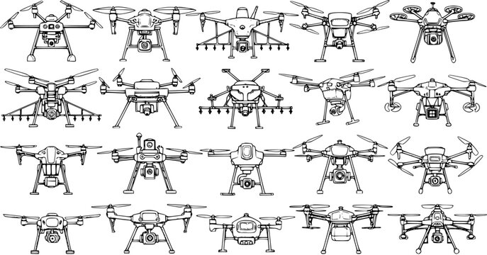 Detailed Hand-drawn Line Art Collection of Various Modern Drones (UAVs) with Different Designs, including Quadcopters, Hexacopters, and Octocopters, for Technology and Aviation Concepts