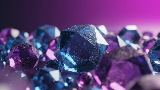 Close-up macro view of sparkling amethyst and sapphire crystals, multifaceted geometric shapes glowing with blue and purple light, abstract background ideal for luxury and fantasy themes