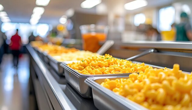 Long line of mac and cheese in a school cafeteria.