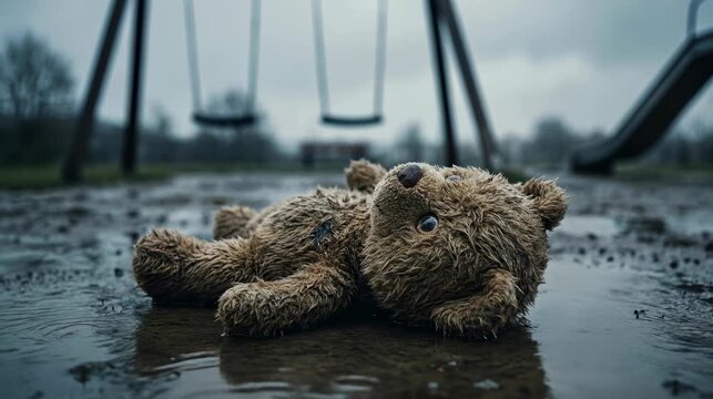 Abandoned Teddy Bear Lies in Puddle on Rainy Playground.