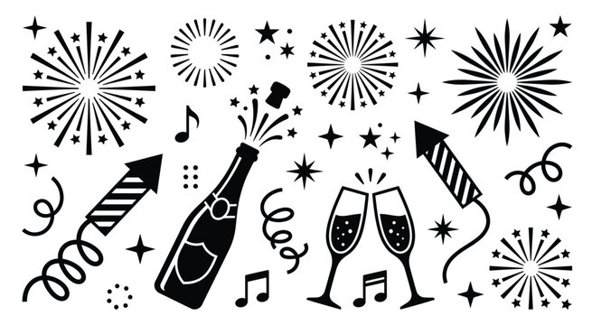 Fireworks doodle icons set hand drawn celebration elements champagne rocket star burst black white vector illustration party festival collection