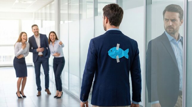 Office workers laughing at a colleague with a paper fish taped to his back as a prank, reflecting in glass walls, bright modern office setting