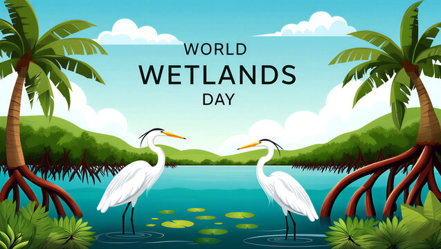 Colorful illustration of two elegant white egrets in a wetland celebrating world wetlands day scene