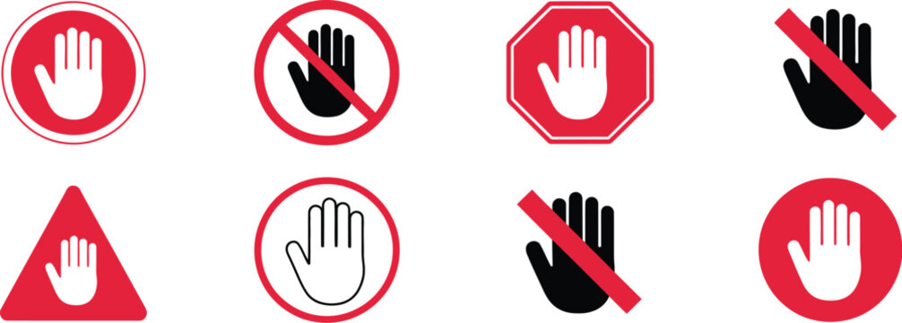 Forbidden signs dont touch hand no entry red prohibition label sticker warning vector illustration