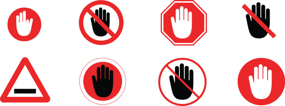 Forbidden signs dont touch hand no entry red prohibition label sticker warning vector illustration