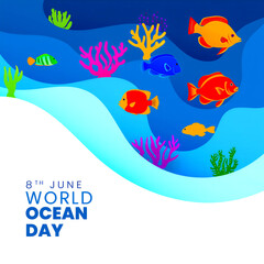 Obraz premium Colorful underwater scene with tropical fish and coral celebrating world ocean day event illustration