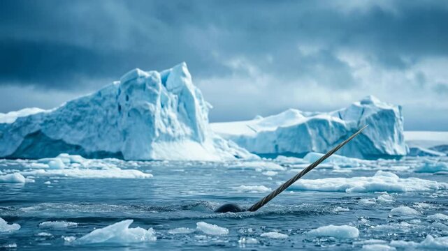 Arctic Narwhal Surfacing Near Icebergs Under Blue Sky.