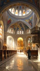 Obraz premium A blurry image of a church interior with stained glass and ornate details