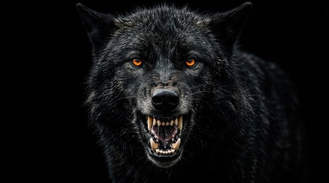 Aggressive Black Wolf Growling Portrait on Black
