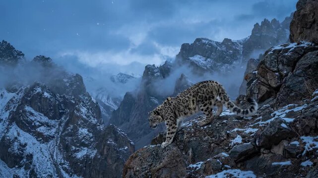 Leopard Traversing Snowy Alpine Ridge At Dusk.
