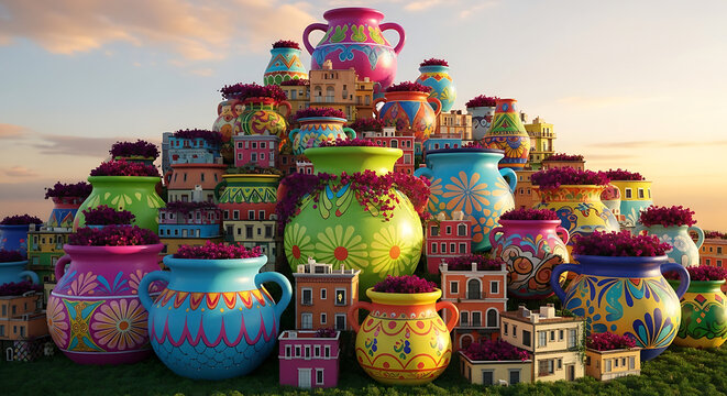 Colorful ceramic pots and buildings on a grassy hill at sunset cinco de mayo mexico 5 may festival holiday template poster banner download 2026 2027