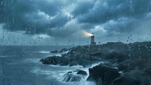 Stormy Coastal Scene with Lighthouse During Heavy Rain and Dark Clouds.