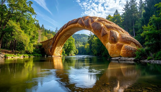 Rakotzbr?cke Devils Bridge in Kromlau, Germany, reflected in the tranquil water, surrounded by lush green trees under a vibrant blue sky.