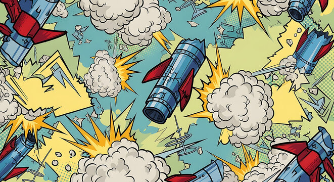 broken rockets and fiery explosions depicted in a dynamic comic book style background symbolizing destruction and chaos.