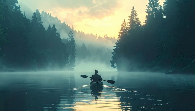 Serene Morning Canoe Ride on a Misty Lake Surrounded by Pine Forests at Sunrise.