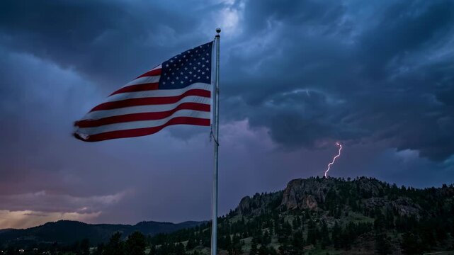 American Flag Flying During Thunderstorm with Lightning in the Sky.