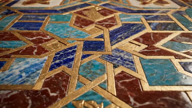 Intricate geometric mosaic floor with lapis lazuli, turquoise, carnelian, and gold inlay, showcasing ancient craftsmanship and opulent design