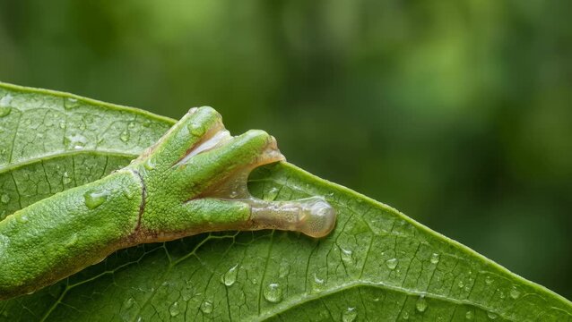 Close-up of a green tree frogs foot gripping a wet leaf.