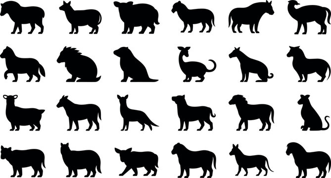 Farm animal silhouettes set minimal black vector illustration including cow horse sheep pig goat dog and cat for agriculture design use
