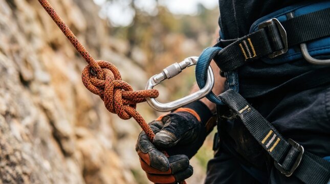 Close-up of a climber's gloved hand securing a figure-eight knot on a rope attached to a carabiner, with a rocky cliff face in the background, emphasizing safety and adventure in natural light.