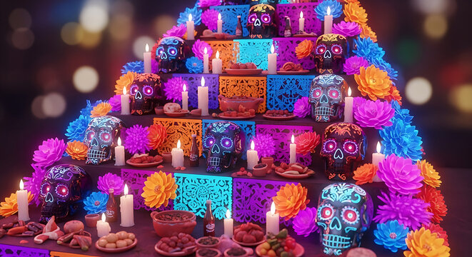 Colorful day of the dead altar with candles and skulls cinco de mayo mexico 5 may festival holiday template poster banner download 2026 2027