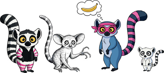 Lemur character set with cartoon colorful outline and sketch styles cute primate vector illustration collection isolated background © Rumi