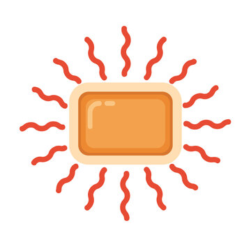 Illustration of a heat patch emitting warm waves, isolated on a white background with stylized orange and red lines depicting warmth