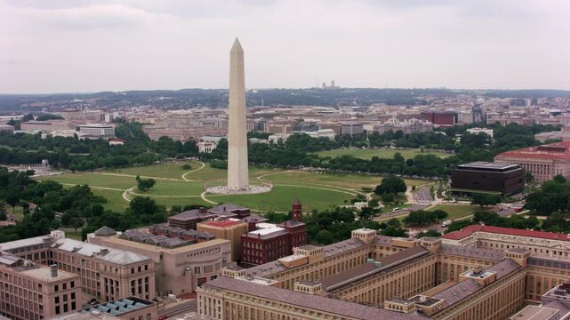 Cinematic aerial drone footage of the towering Washington Monument and the expansive National Mall in Washington, D.C.