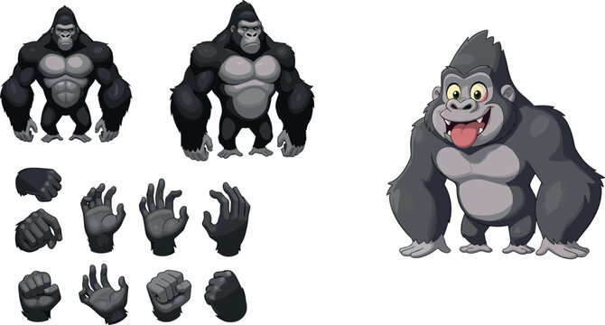Gorilla character set with different poses hand gestures and cartoon styles wildlife vector illustration collection isolated